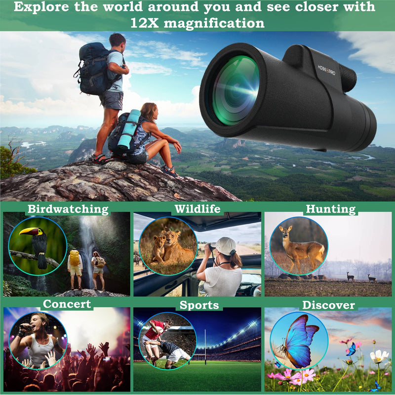 [Australia - AusPower] - Monocular Telescope 12X50 Outdoor Telescope with Smartphone Adapter for Stargazing, Birdwatching, Hunting, Dust-Proof, Waterproof HD Monocular for adults with Phone Holder and Metal Tripod By hd360pro 