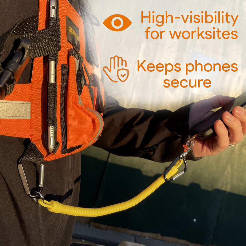 [Australia - AusPower] - Drop Stop Mobile Phone Tether - Cell Phone Drop and Damage Prevention with Carabiners for Attachment for Workplace Phone Safety Vest Attachment - Carabiner for Cell Phone (High Visibility Yellow) High Visibility Yellow 