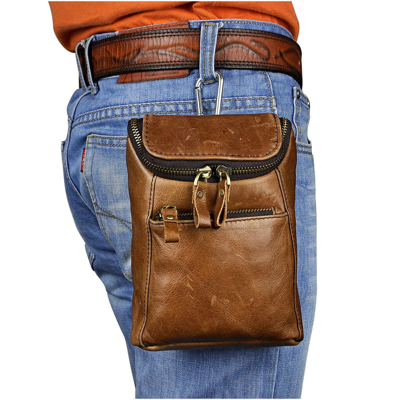 [Australia - AusPower] - Le'aokuu Mens Genuine Leather Mini Messenger Shoulder Bag Pouch Hook Waist Bag Pack (light brown) Light Brown 