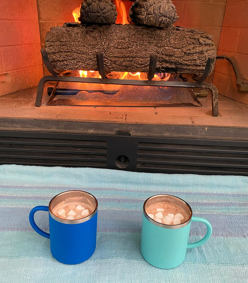 [Australia - AusPower] - Kids Mugs for Hot Chocolate - Stainless Steel BPA Free 10 oz Childrens Cup, Small Coffee Style Mugs for Hot Cocoa, Milk, Set of 2 with Handle, Lid and Straw Ocean Blue / Tiffany Blue 