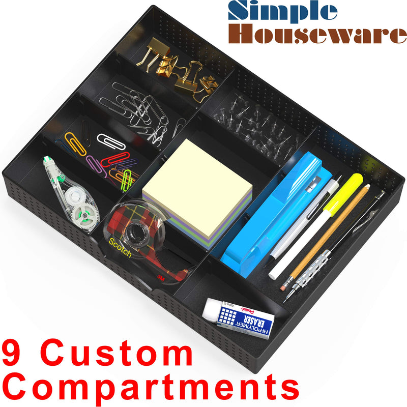 [Australia - AusPower] - Simple Houseware Drawer Organizer Tray with 9 Adjustable Compartments, Black 1 Pack 
