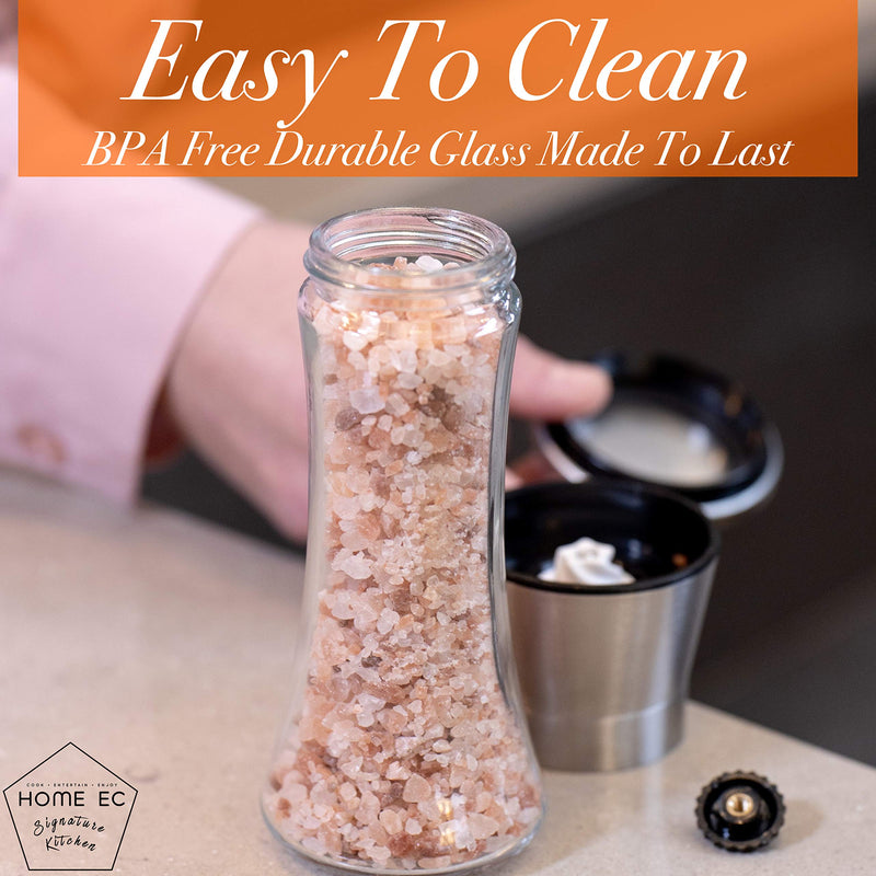 [Australia - AusPower] - HOME EC Premium Stainless Steel Salt and Pepper Grinder Set of 2 - Adjustable Ceramic Sea Salt Grinder & Pepper Grinder - Tall Glass Salt and Pepper Shakers - Pepper Mill & Salt Mill W/Funnel & Ebook 