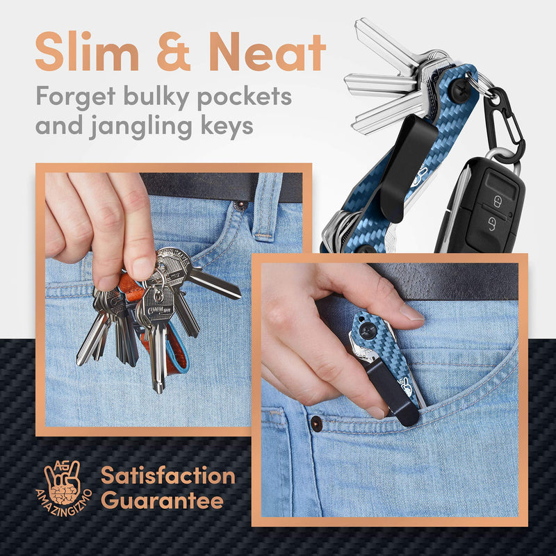 [Australia - AusPower] - AmazinGizmo Folding Key Holder & Key Organizer Keychain - House & Car Compact Blue Slim Multi Key Chain with Pocket Clip & Carabiner - up to 12 Keys & More 