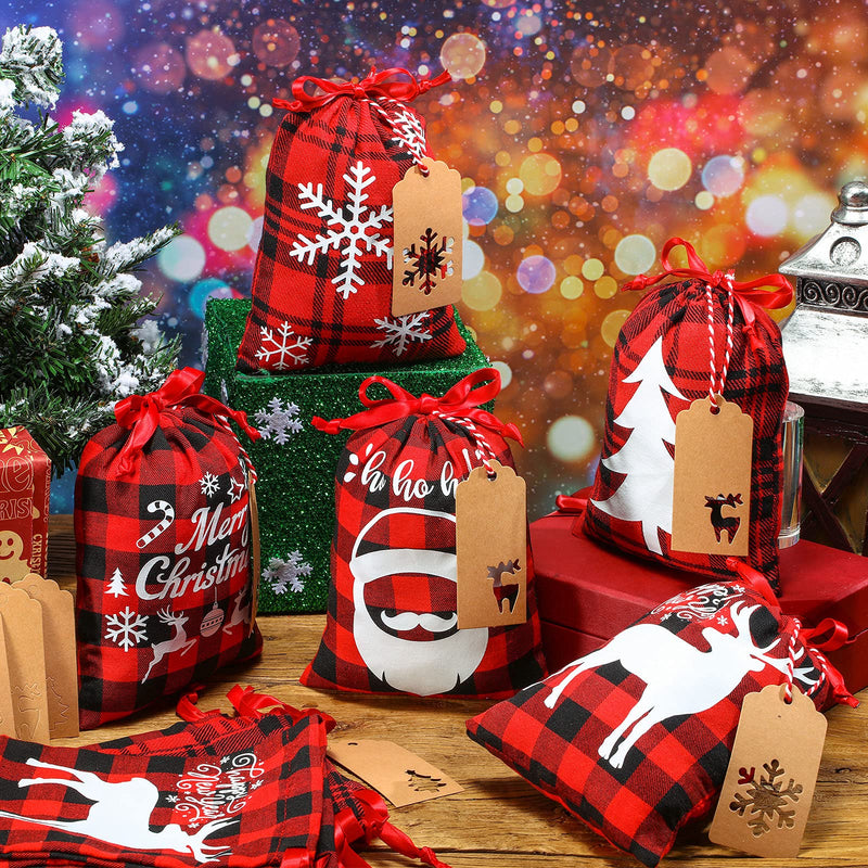 [Australia - AusPower] - 15 Pieces Christmas Plaid Bags with Drawstring Cloth Fabric Gift Bags Xmas Treat Candy Bag Sacks with 15 Tag Labels and 9.84 Feet Rope for Birthday Christmas Party Favor, 5 Styles 