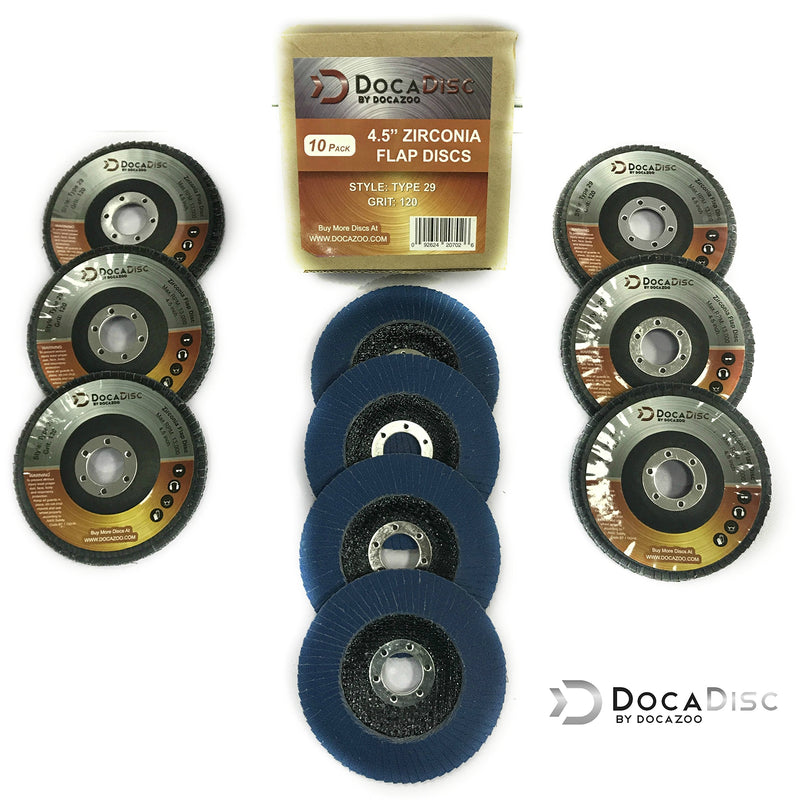 [Australia - AusPower] - 4.5 inch Flap Disc (10 Pack) - 120 Grit Type 29 Professional Grade Zirconia - Abrasive Grinding Wheel, Flap Wheel, and Sanding Discs by DocaDisc 