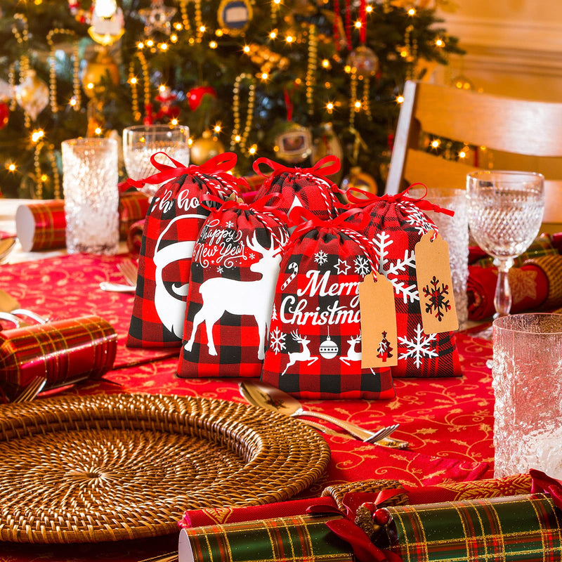 [Australia - AusPower] - 15 Pieces Christmas Plaid Bags with Drawstring Cloth Fabric Gift Bags Xmas Treat Candy Bag Sacks with 15 Tag Labels and 9.84 Feet Rope for Birthday Christmas Party Favor, 5 Styles 