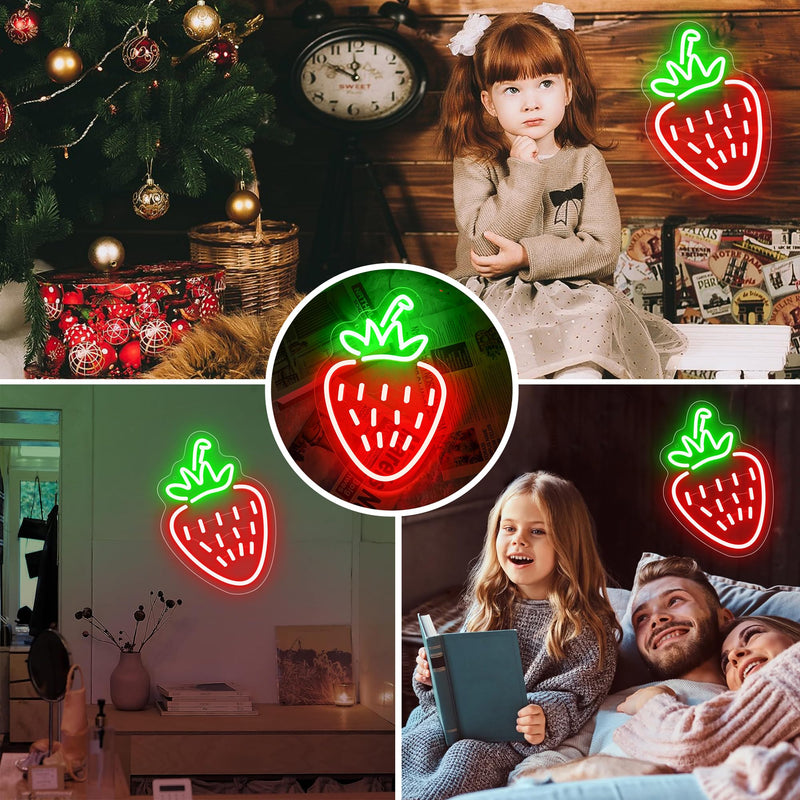 [Australia - AusPower] - Strawberry Neon Sign, Red Green Strawberry Led Sign Shape Neon Light for Fruit Shop, Restaurant, Bedroom Wall Decor, Bar Birthday Art Decoration Christmas with USB Chain Light Modulator 5v 