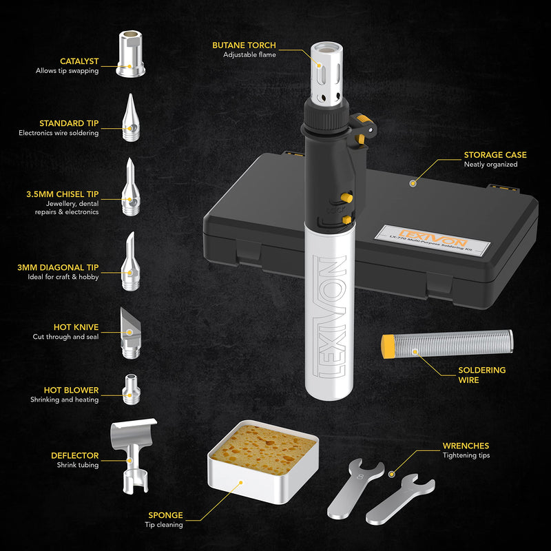 [Australia - AusPower] - LEXIVON Butane Soldering Iron Multi-Purpose Kit | Cordless Self-Igniting Adjustable Flame 7-Tip Set | Pro-Grade (LX-770) 