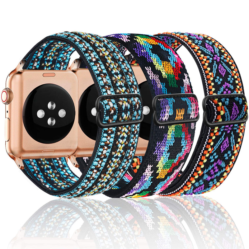 [Australia - AusPower] - Dsytom 3 Pack Elastic Band Compatible with Apple Watch Bands 38mm 41mm 40mm 42mm 44mm 45mm, Adjustable Stretchy Nylon bands Replacement Wristband for iWatch Series 7 /6/5/4/3/2/1 SE Strap for Women Fashion color+Boho Flower+Boho Color 38mm/40mm/41mm 