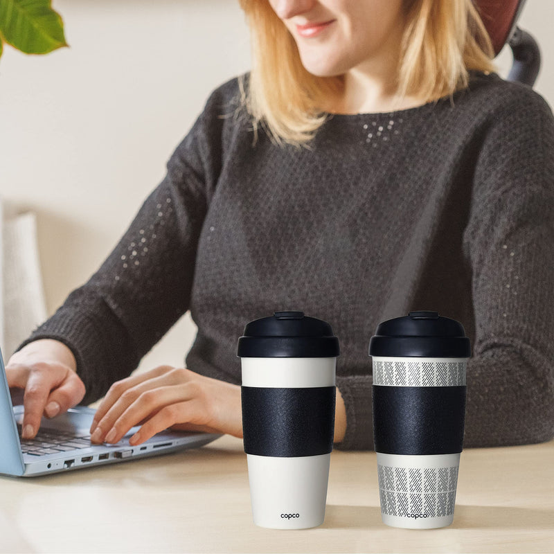 [Australia - AusPower] - Copco Reusable Set of 2 Insulated Double Wall Travel Mugs, 2 Count (Pack of 1), White/Black 16 ounces 