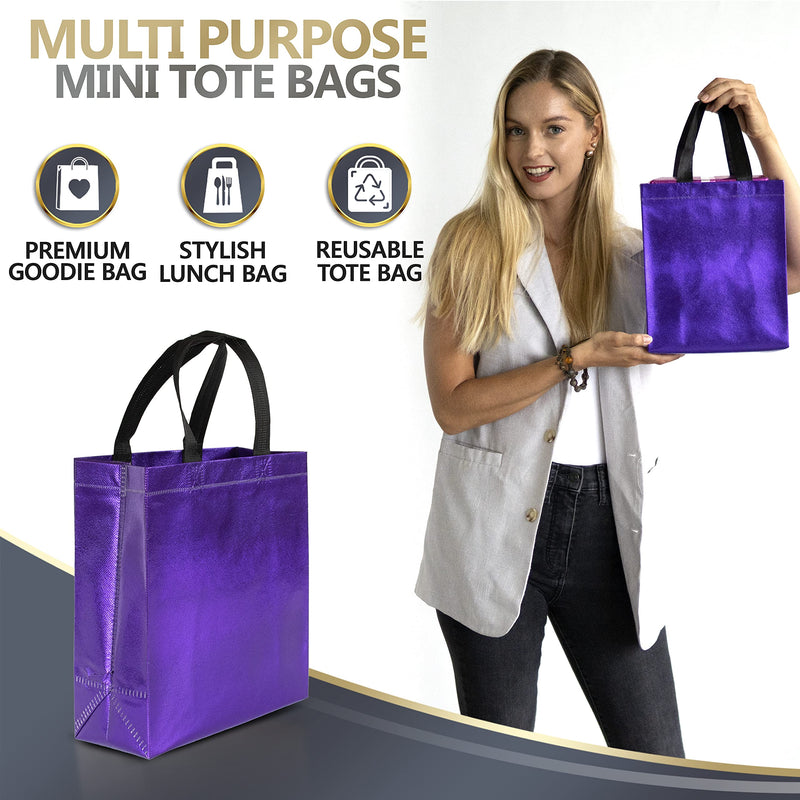 [Australia - AusPower] - 12 Purple Gift Bags Set, Non-woven Reusable Shiny Purple Small Gift Bags With Glossy Finish - Ideal As Birthday Bag, Favor Bags, Goodie bags for Wedding, Party, Christmas -8x4x10 Small- Medium Size Purple - Medium Size 