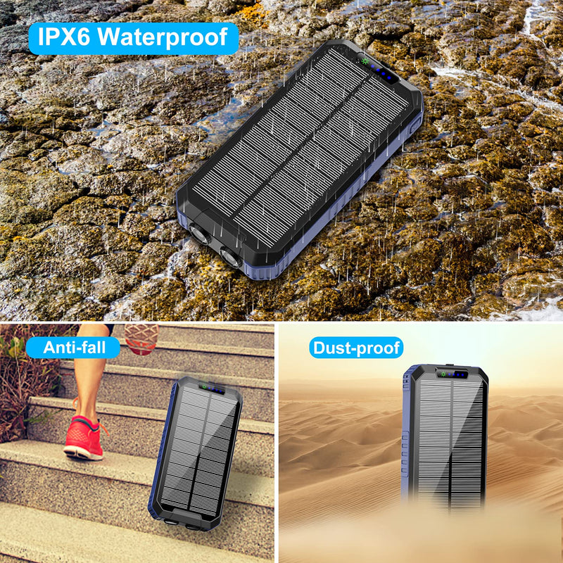 [Australia - AusPower] - 30000mAh Solar Power Wireless Charger - Waterproof IP66 Panels with LED Light - Supports Wired & Wireless Charging - Built-in Micro, Type-C & Apple Compatible Cable - Powers Up to 6 Devices 