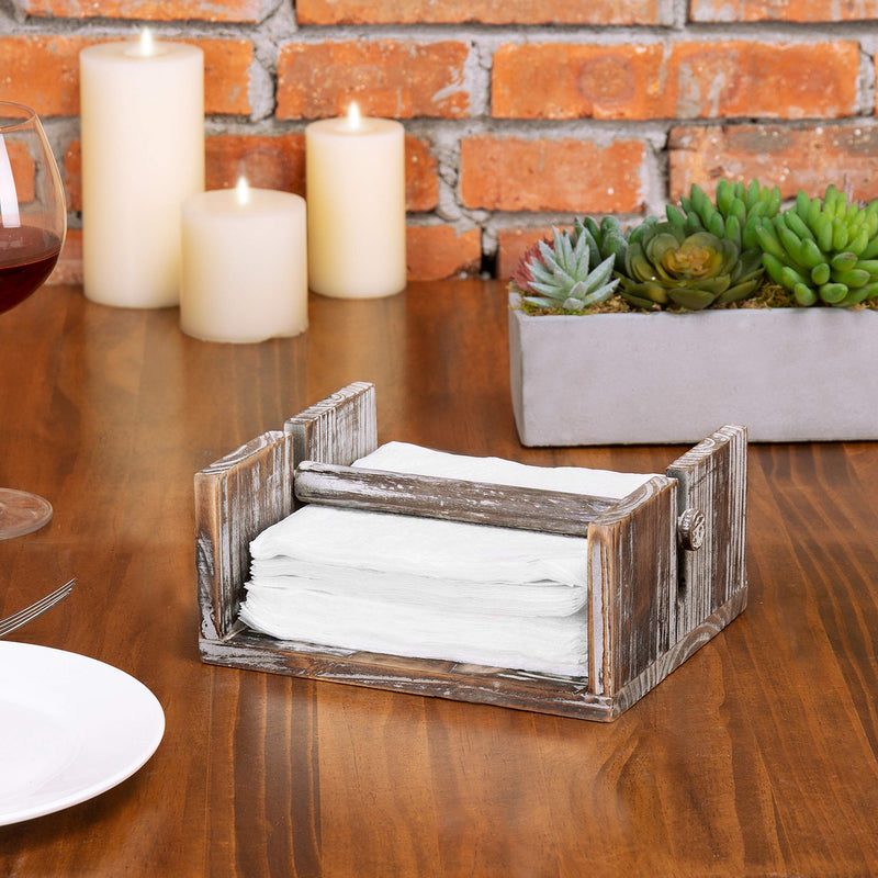 [Australia - AusPower] - MyGift Farmhouse Napkin Holder for Table, Torched Wood Horizontal Flat Paper Napkin Dispenser with Weighted Arm Torched Brown 