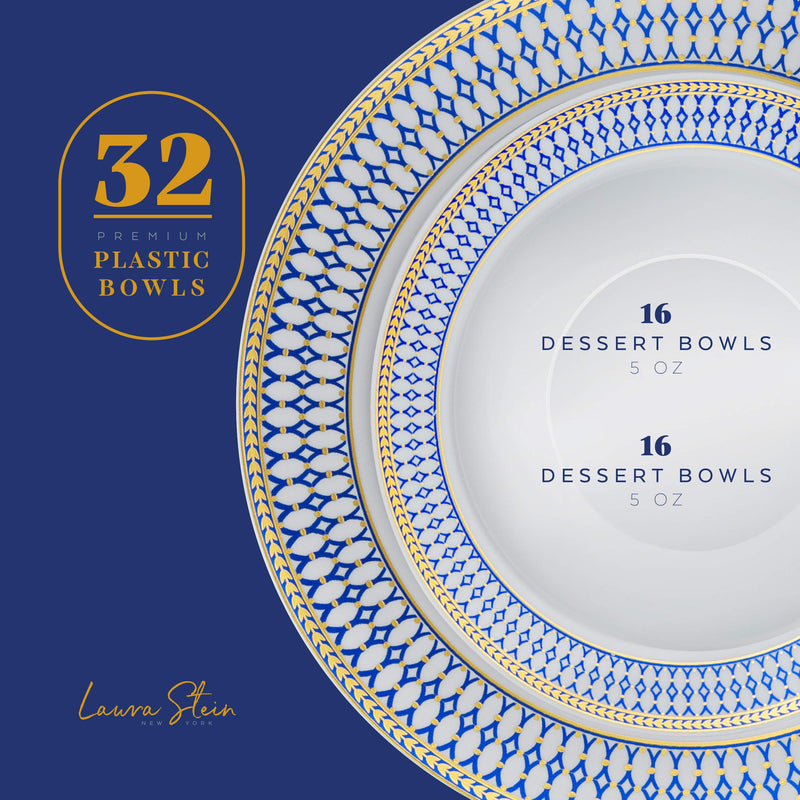[Australia - AusPower] - Laura Stein Designer Dinnerware Set | 32 Disposable Plastic Party Bowls | White Wedding Bowl with Blue Rim & Gold Accents | Set Includes 16 x 12 oz Soup Bowls + 16 x 5 oz Dessert Bowls | Midnight Blue 1 Combo Pack, 32 Bowls (16 Sets) Blue & Gold 