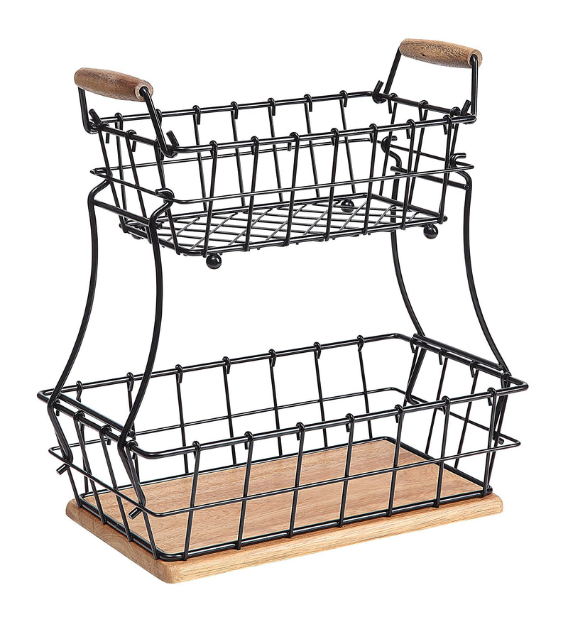 [Australia - AusPower] - SunnyPoint 2-Tier Rectangle Countertop Fruit, Bread Wire Basket (Black, Metal + Wood base) Black 