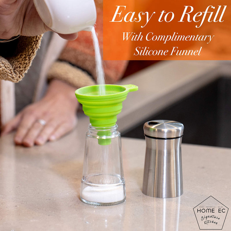 [Australia - AusPower] - HOME EC Glass Salt and Pepper Shakers Set with Adjustable Pour Holes - Stainless Steel Salt Shaker and Pepper Shaker - Farmhouse Salt and Pepper Shaker Set for Himalayan, Kosher Sea Salts & Spices Silver 
