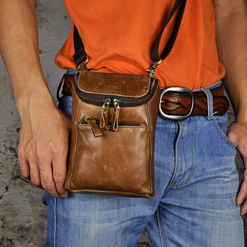 [Australia - AusPower] - Le'aokuu Mens Genuine Leather Mini Messenger Shoulder Bag Pouch Hook Waist Bag Pack (light brown) Light Brown 