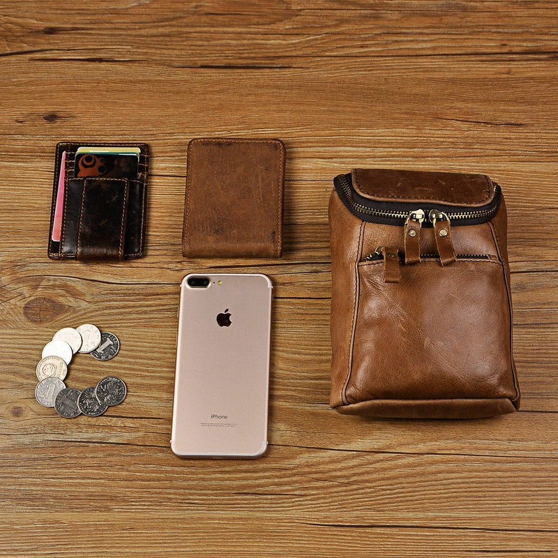 [Australia - AusPower] - Le'aokuu Mens Genuine Leather Mini Messenger Shoulder Bag Pouch Hook Waist Bag Pack (light brown) Light Brown 