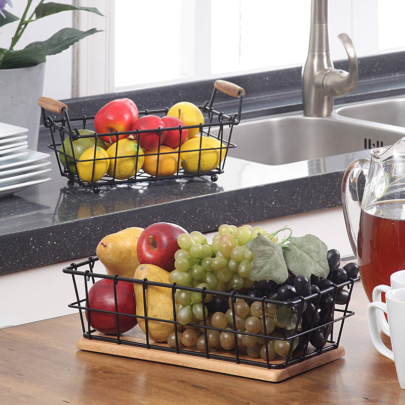 [Australia - AusPower] - SunnyPoint 2-Tier Rectangle Countertop Fruit, Bread Wire Basket (Black, Metal + Wood base) Black 