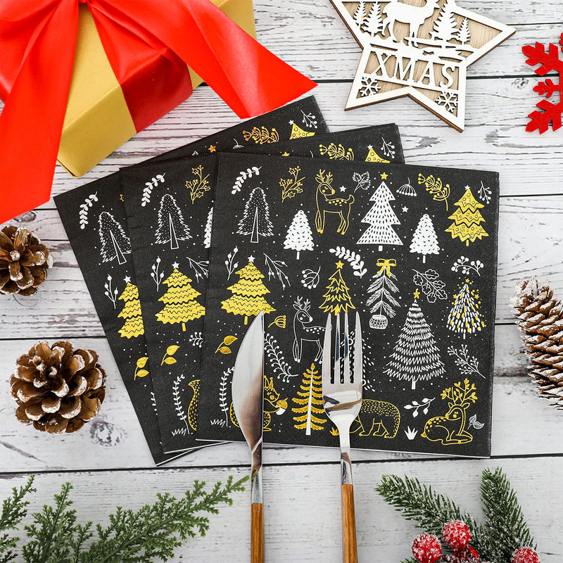 [Australia - AusPower] - Whaline 80 Pack Christmas Paper Napkins 6.5 x 6.5" Xmas Tree Cocktail Napkins Disposable Black White Gold Party Beverage Napkins for Christmas New Year Winter Holiday Dinner Party Supplies 