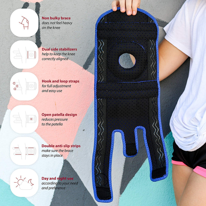 [Australia - AusPower] - Adjustable Kids Knee Brace Support - Knee Support for Youth, Arthritis, ACL, MCL, LCL, Sports Exercise, Meniscus Tear, Dance. Open Patella Neoprene Stabilizer Wrap for Children, Boys, Girls (Blue) One Size Blue 