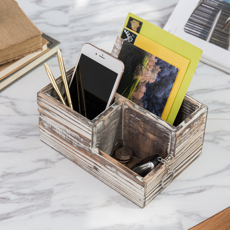 [Australia - AusPower] - MyGift Rustic Torched Wood Office Desk Stationery Organizer - 3 Compartment Remote Control and Media Storage Holder 