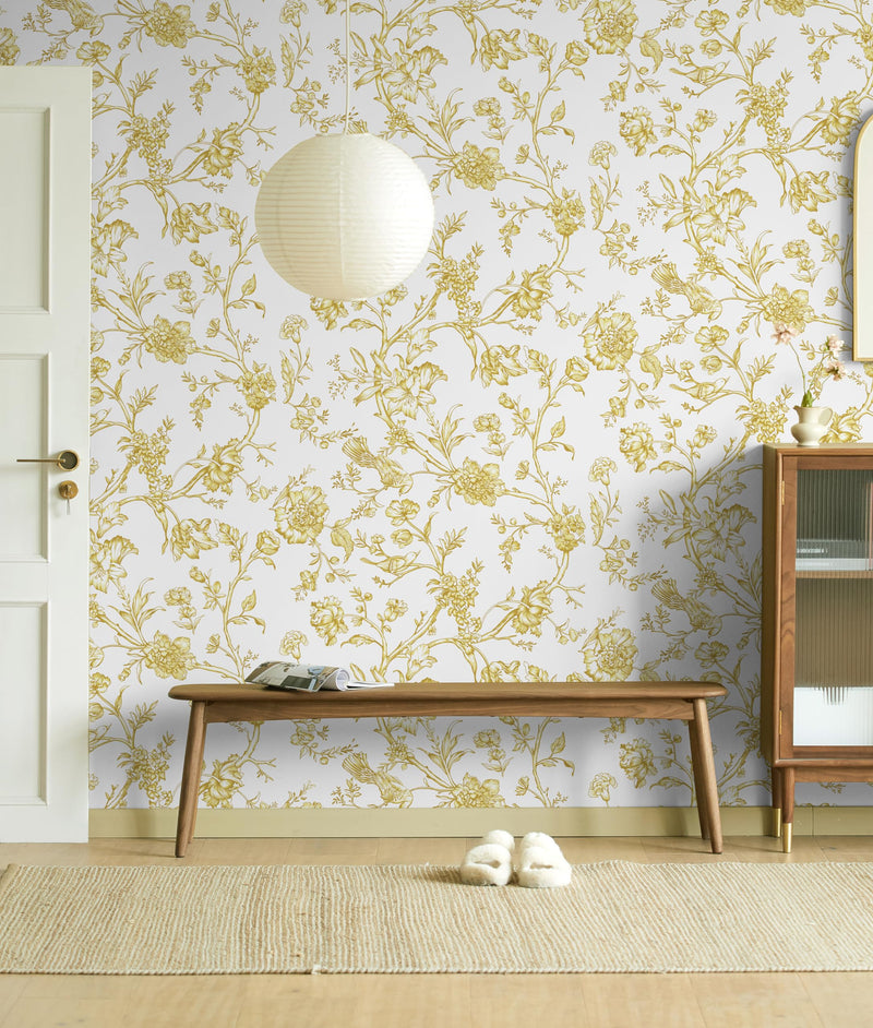 [Australia - AusPower] - Safiyya 118"x17.3" Peel and Stick Wallpaper Gold and White Contact Paper Floral Birds Wallpaper Self Adhesive Removable Wallpaper for Walls Furniture Covering Vinyl Rolls 118 In X 17.3 In 
