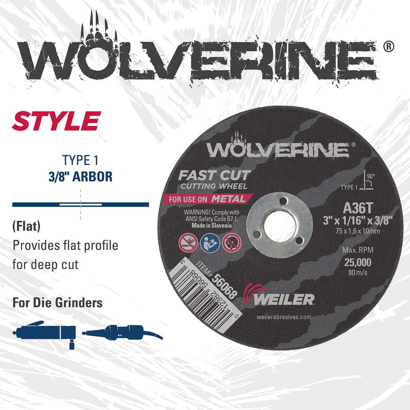 [Australia - AusPower] - Weiler 56089 Die Grinder Cut-Off Wheel and Mandrel Kit Including 56490 Mandrel and 3-Inch x 1/16" Wolverine T1 Thin Wheels, A36T, 3/8" AH (1 Mandrel and 10 Cutting Discs) Mandrel & 10 Cutting Wheels 