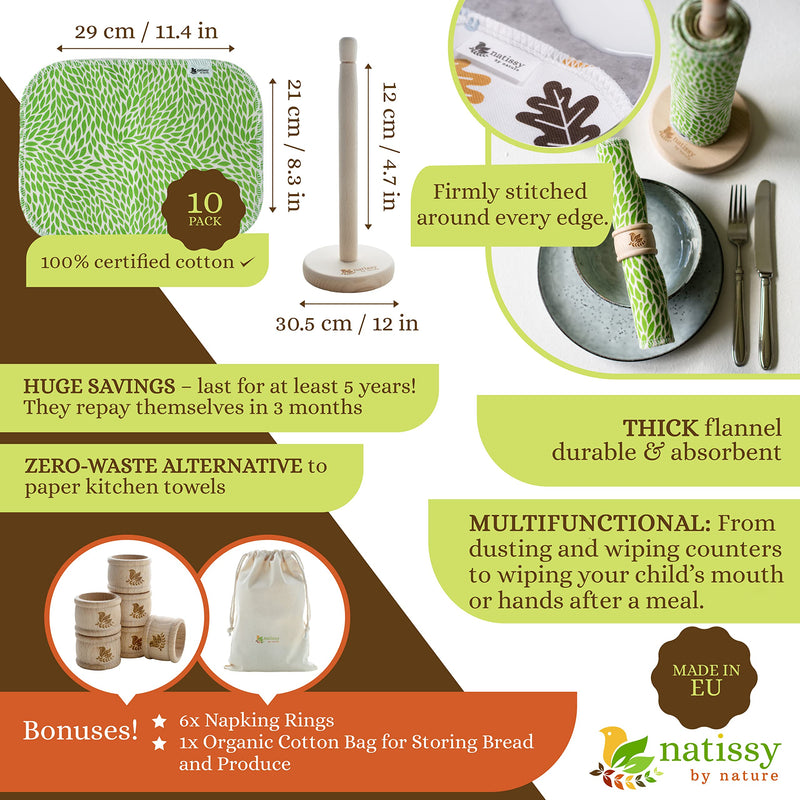 [Australia - AusPower] - Reusable Paper Towels for Kitchen, Roll of 10 Paperless Paper Towels on a Holder, Reusable Cloth Paper Towels, Organic Cotton Reusable Napkins, Washable Fabric Paper Towel Replacement, Reusable Towels 