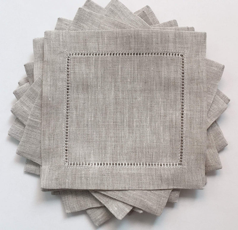 [Australia - AusPower] - Ladder Hem Stitch Natural Linen Cocktail Napkins- 1 Dozen 6"x6"- Linen Cloth Napkin Coasters-Set of 12 
