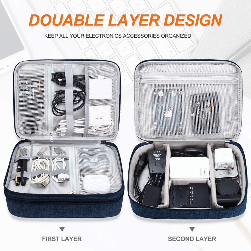 [Australia - AusPower] - Electronic Bag Travel Cable Accessories Bag Waterproof Double Layer Electronics Organizer Portable Storage Case for Cable, Cord, Charger, Phone, Adapter, Power Bank, Kindle, Hard Drives Navy Blue 