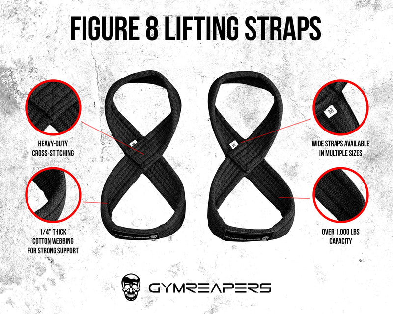 [Australia - AusPower] - Gymreapers Figure 8 Lifting Straps for Deadlift, Powerlifting, Strongman, Cross Training Strong Weightlifting Wrist Straps for Men, Women Black Small 