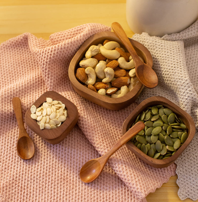 [Australia - AusPower] - Tiny Acacia Wood Nesting Square Set 3 Serving Bowl 3¾”, 2¾”, 2⅛” Small 3 Wooden Spoon Mix size Stackable little Dish for Prep Salt Pepper Mustard Wasabi Dip sauce Salsa Nut Tableware Wooden Nest Bowl 