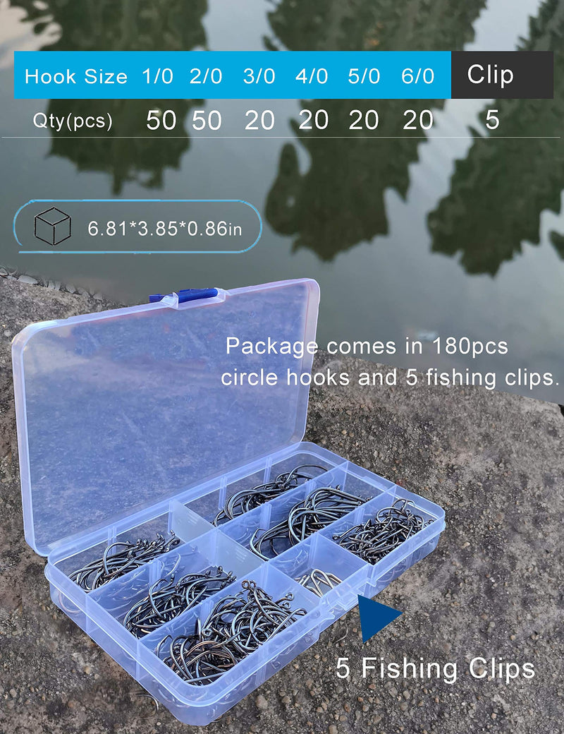 [Australia - AusPower] - Facikono Circle Hooks Saltwater Catfish Bass Fishing Hooks, 180pcs Octopus Offset Fishing Hooks with 5pcs Power Clips 