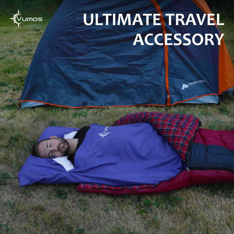 [Australia - AusPower] - Vumos Sleeping Bag Liner and Camping Sheet – Silk Like Material for Travel - Has Full Length Zipper Blue Single 