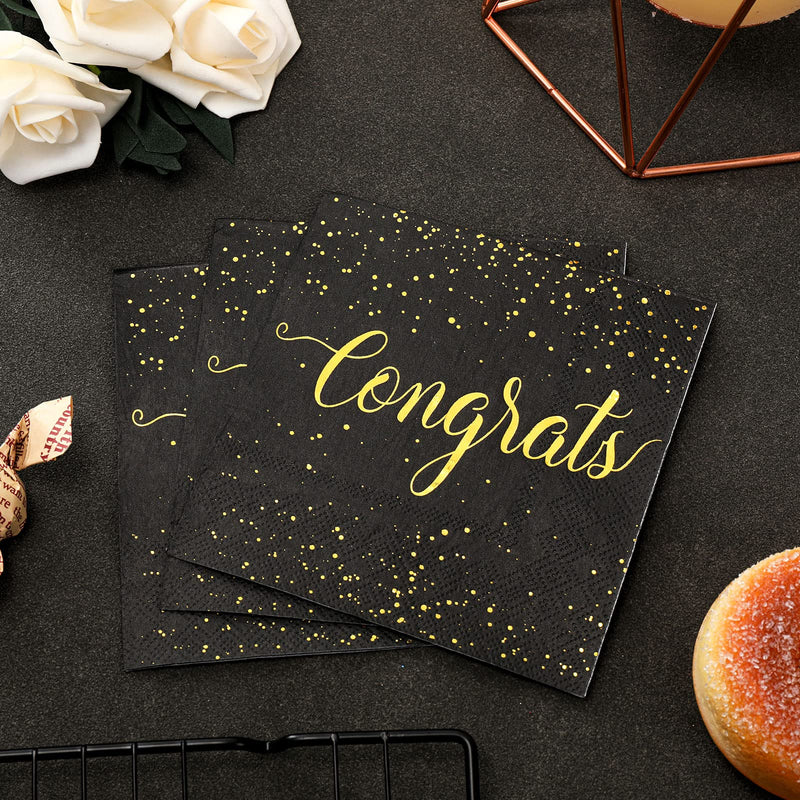[Australia - AusPower] - Whaline 80 Pack Congratulations Paper Napkins 5 x 5 Inch Gold Foil Congrats Cocktail Napkins Black Graduation Party Disposable Beverage Napkins for Engagement Graduation Baby Shower Celebration Party 