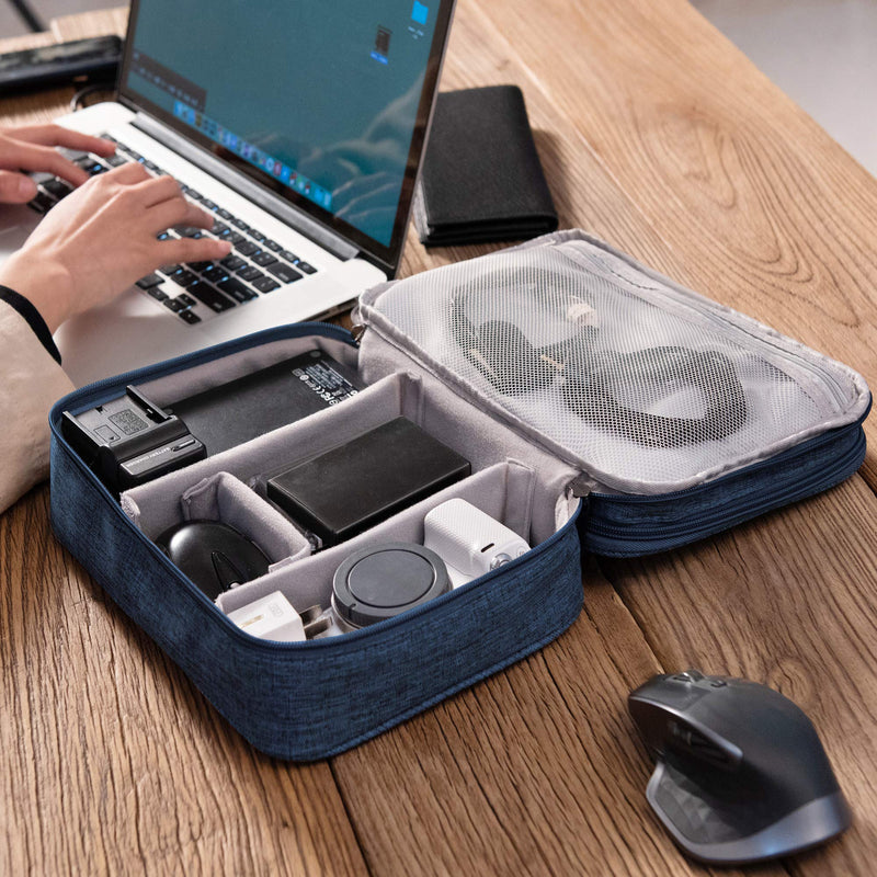 [Australia - AusPower] - Electronic Bag Travel Cable Accessories Bag Waterproof Double Layer Electronics Organizer Portable Storage Case for Cable, Cord, Charger, Phone, Adapter, Power Bank, Kindle, Hard Drives Navy Blue 