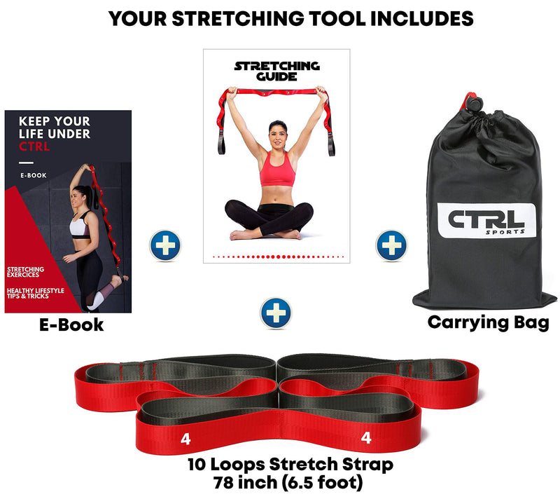 [Australia - AusPower] - Stretching Strap with Loops - Non Elastic Stretch Band for Physical Therapy, Yoga Strap for Stretching Equipment, Stretch Bands for Exercise and Flexibility - Fascia, Hamstring & Leg Stretcher Belt 10 Loops - Red 