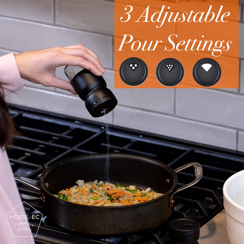 [Australia - AusPower] - HOME EC Glass Salt and Pepper Shakers Set with Adjustable Pour Holes - Stainless Steel Salt Shaker and Pepper Shaker - Farmhouse Salt and Pepper Shaker Set for Himalayan, Kosher Sea Salts & Spices Black 