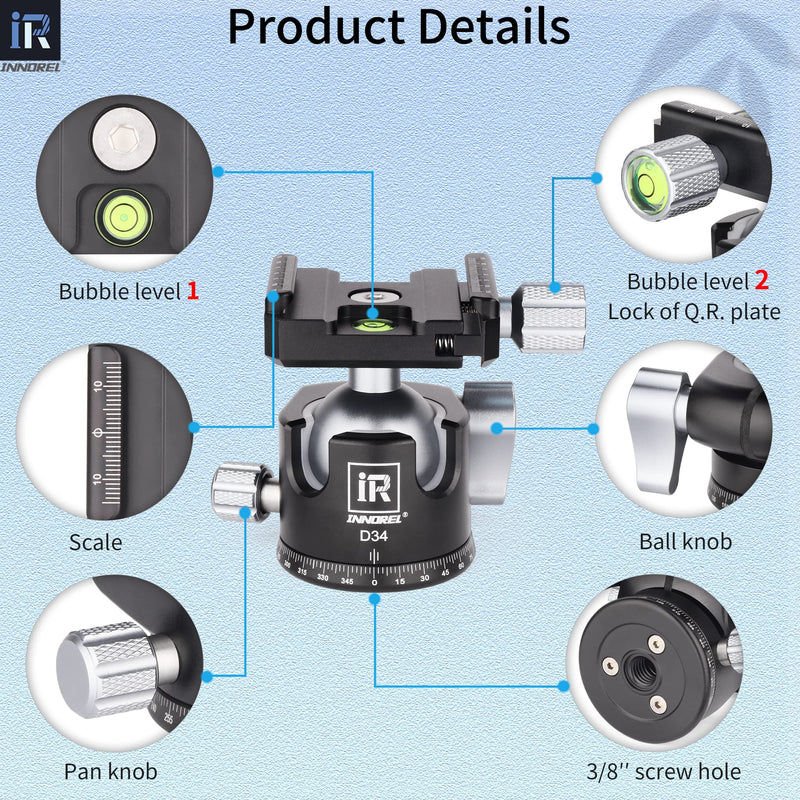 [Australia - AusPower] - INNOREL D34 34mm Low Profile Tripod Ball Head Professional All Metal CNC Panoramic Camera Tripod Head for Monopod,DSLR Cameras,Camcorder,DV with 1/4" Arca Swiss Quick Release Plate Load 33lb/15kg 34mm Dia. 