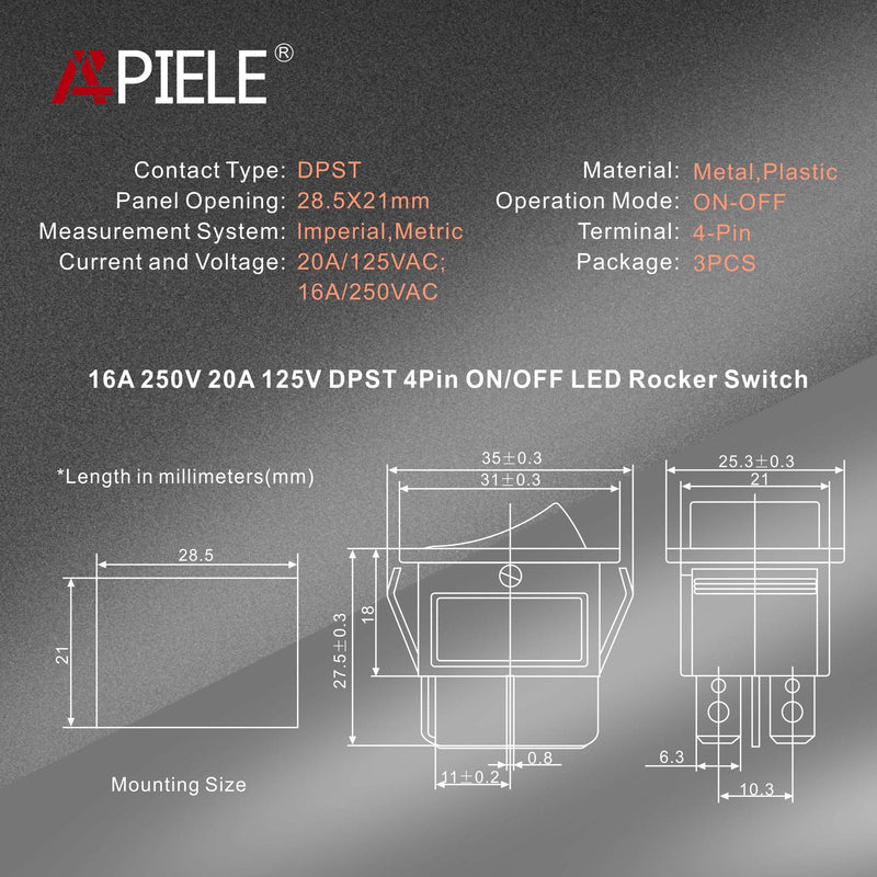 [Australia - AusPower] - APIELE 3Pcs 2 Position Rocker Toggle Switch ON/Off AC 125V/20A 250V/16A for Boat with LED Light DPST 4 Pins KCD2-201N (Red) Red 