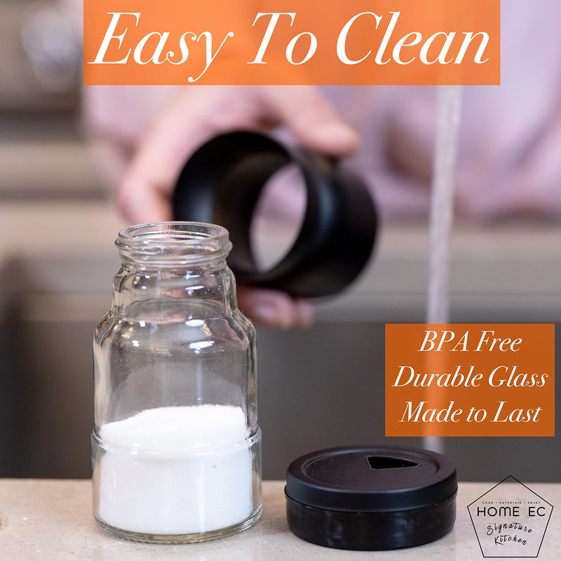 [Australia - AusPower] - HOME EC Glass Salt and Pepper Shakers Set with Adjustable Pour Holes - Stainless Steel Salt Shaker and Pepper Shaker - Farmhouse Salt and Pepper Shaker Set for Himalayan, Kosher Sea Salts & Spices Black 