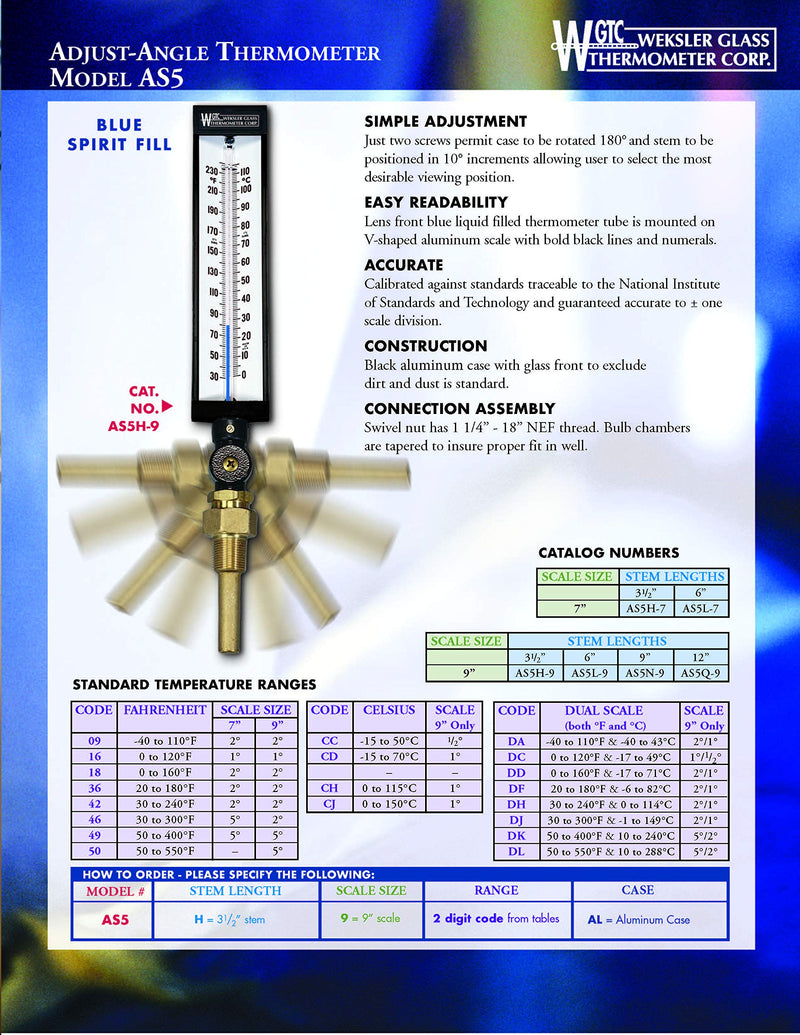[Australia - AusPower] - PIC Gauges WGTC Thermometer AS5H942AL 9" Scale, 3-1/2" Stem Length, 30/240° F Temperature Range Blue Spirit Filled Industrial Thermometer with Aluminum Case and Adjustable Angle Stem 30-240 Deg F Without Thermowell 