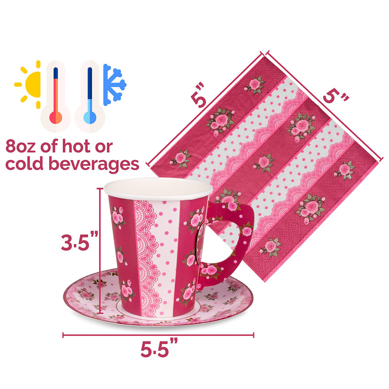 [Australia - AusPower] - Royal Magnolia Rose Tea Party Decorations - 24 Paper Tea Cups, Plates, and Napkins - Disposable Tea Party Set for Hot and Cold Drinks for Birthday, Baby Shower, Wedding, Princess Little Girls Parties 