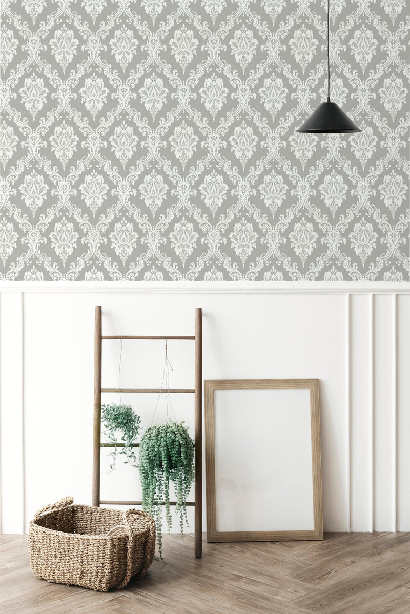 [Australia - AusPower] - Micpolo Peel and Stick Wallpaper Grey and White Contact Paper for Cabinets and Drawers Damask Wallpaper Removable Grey Peel and Stick Wallpaper for Bedroom Bathroom Shelf Liner Wall Decor 17.7"Ã—78" 17.7"X78" 