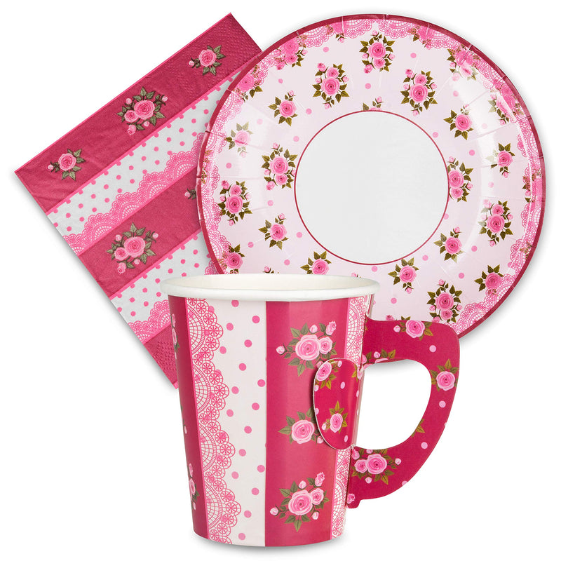 [Australia - AusPower] - Royal Magnolia Rose Tea Party Decorations - 24 Paper Tea Cups, Plates, and Napkins - Disposable Tea Party Set for Hot and Cold Drinks for Birthday, Baby Shower, Wedding, Princess Little Girls Parties 