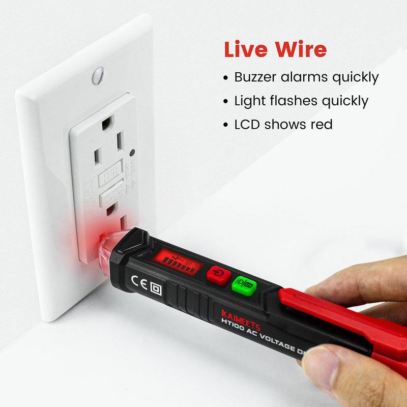 [Australia - AusPower] - KAIWEETS Voltage Tester/Non-Contact Voltage Tester with Dual Range AC 12V-1000V/48V-1000V, Live/Null Wire Tester, Electrical Tester with LCD Display, Buzzer Alarm, Wire Breakpoint Finder-HT100 (Red) Red 