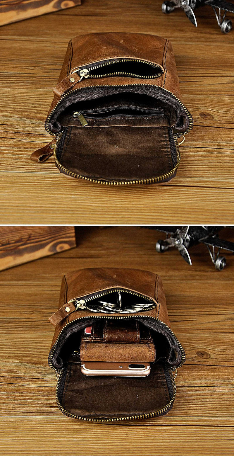 [Australia - AusPower] - Le'aokuu Mens Genuine Leather Mini Messenger Shoulder Bag Pouch Hook Waist Bag Pack (light brown) Light Brown 