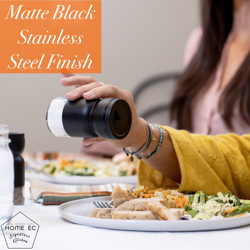 [Australia - AusPower] - HOME EC Glass Salt and Pepper Shakers Set with Adjustable Pour Holes - Stainless Steel Salt Shaker and Pepper Shaker - Farmhouse Salt and Pepper Shaker Set for Himalayan, Kosher Sea Salts & Spices Black 