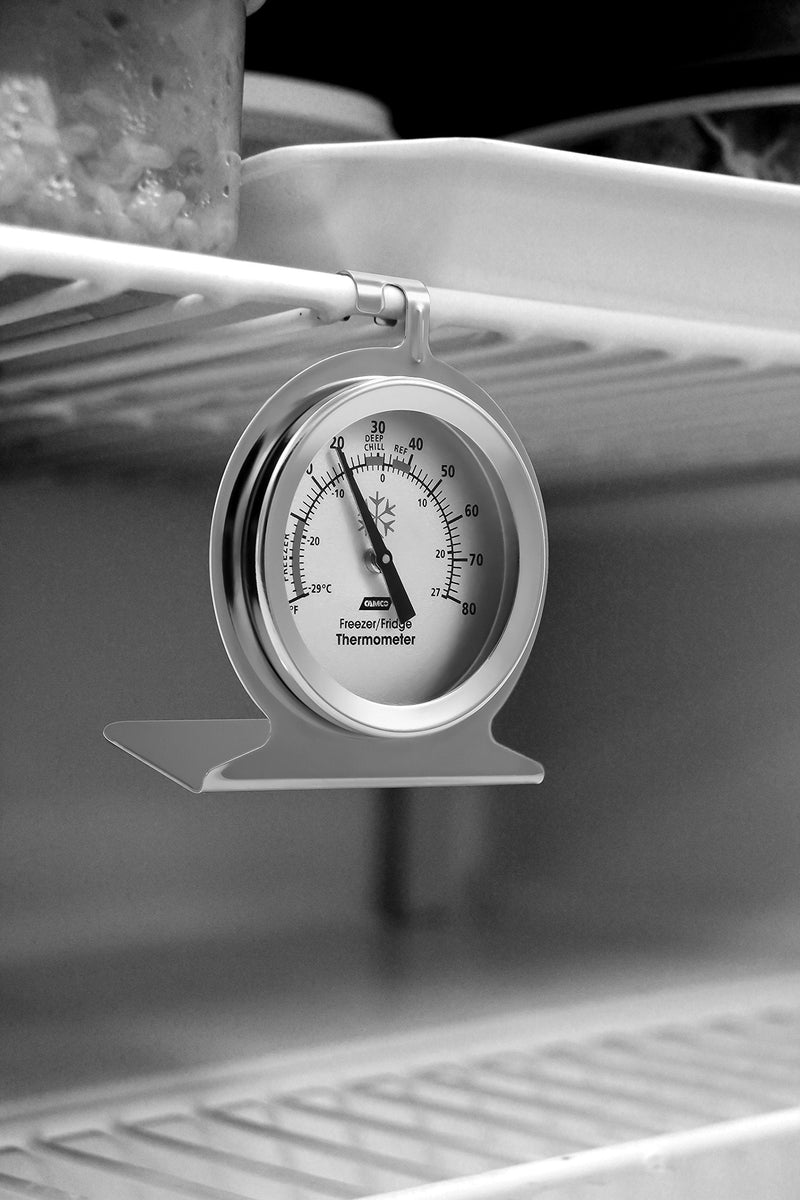 [Australia - AusPower] - Camco Durable Steel Refrigerator-Freezer Thermometer - Monitors the Internal Temperature of Your Refrigerator or Freezer, Hooks or Stands Alone (42114) 